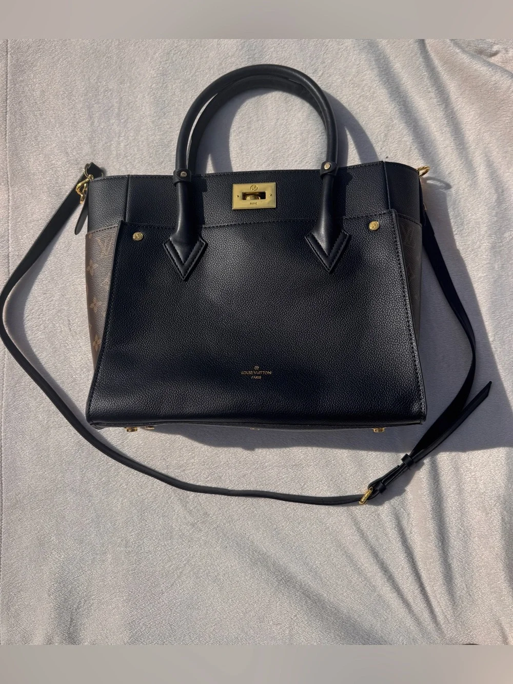 Louis Vuitton Black Leather Satchel with Monogram Side Panels and Gold Hardware